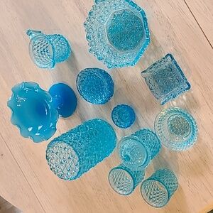 14 Pieces (Various Vessels) Of Antique Blue Pressed Glass, Excellent Condition